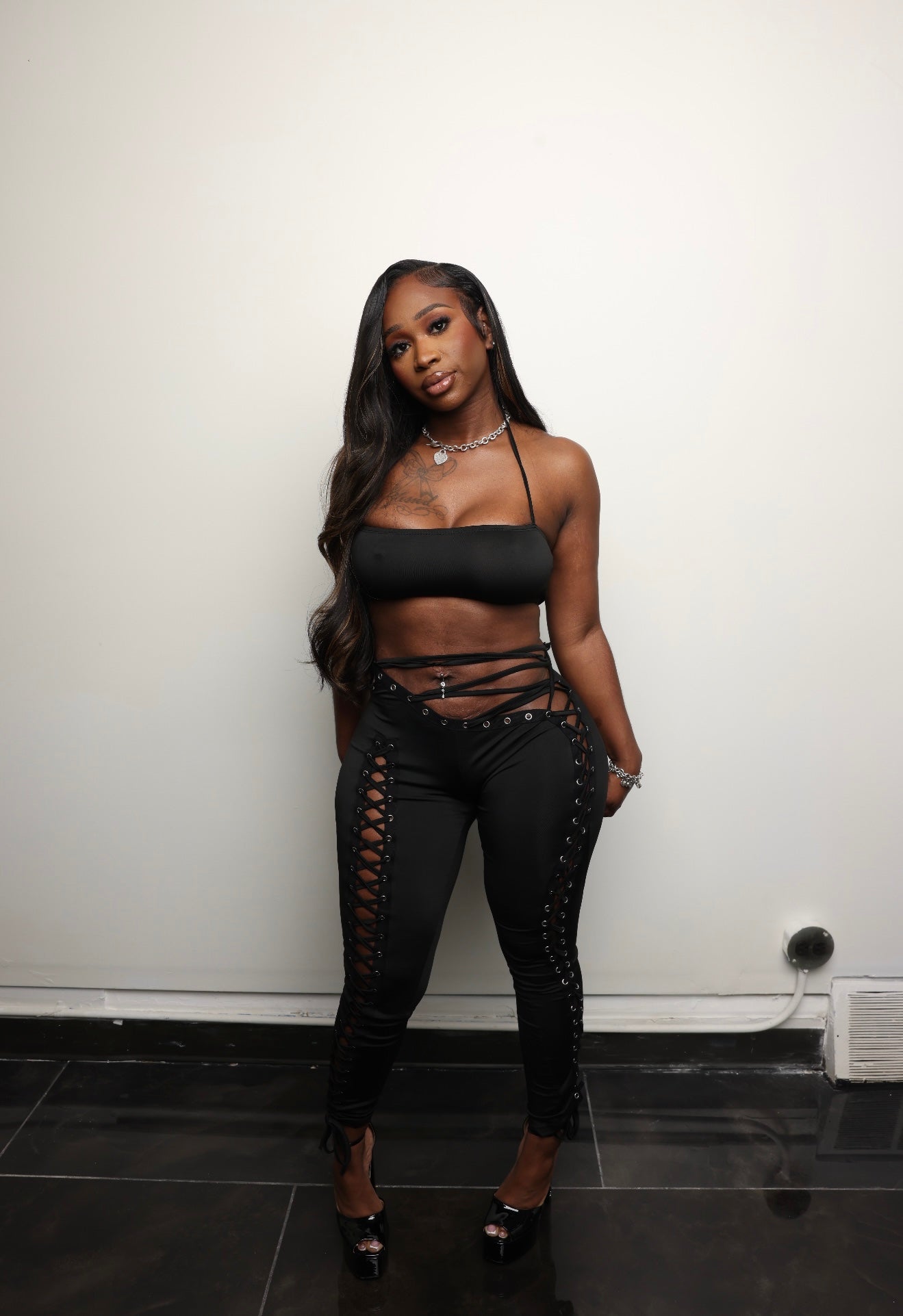 After Hours Lace Up Pants Set - Black