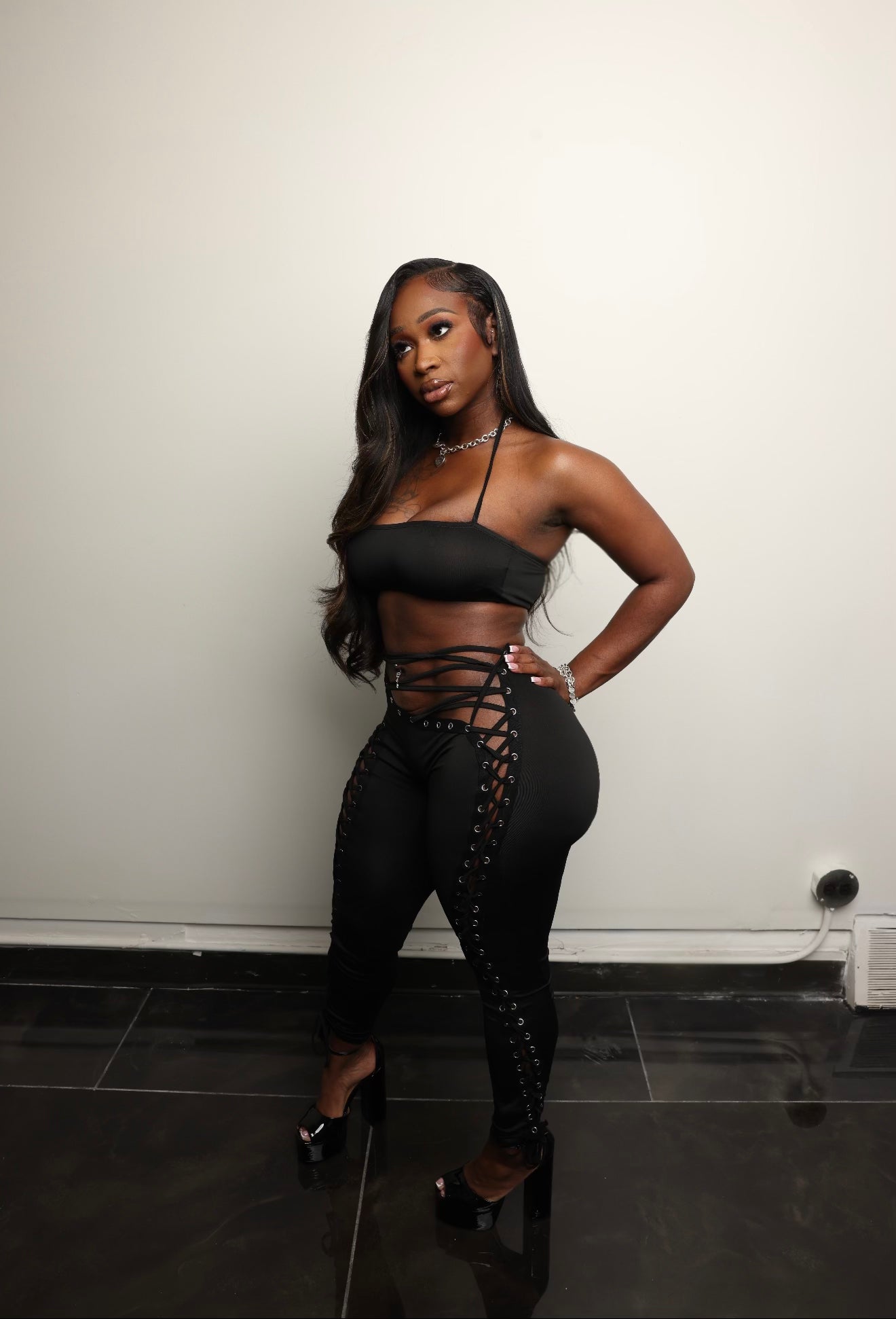 After Hours Lace Up Pants Set - Black